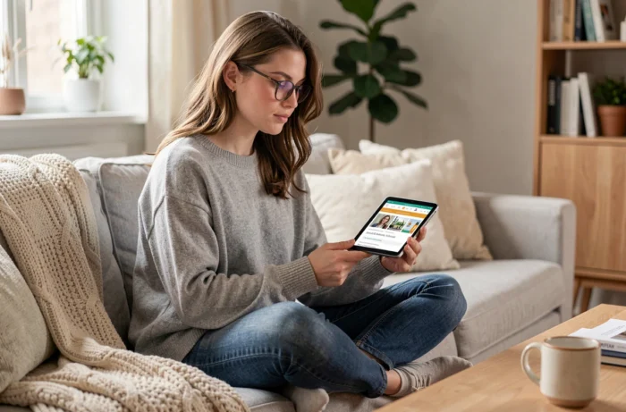Mulher com tablet procurando o novo endereço de um site de download a partir de sua sala