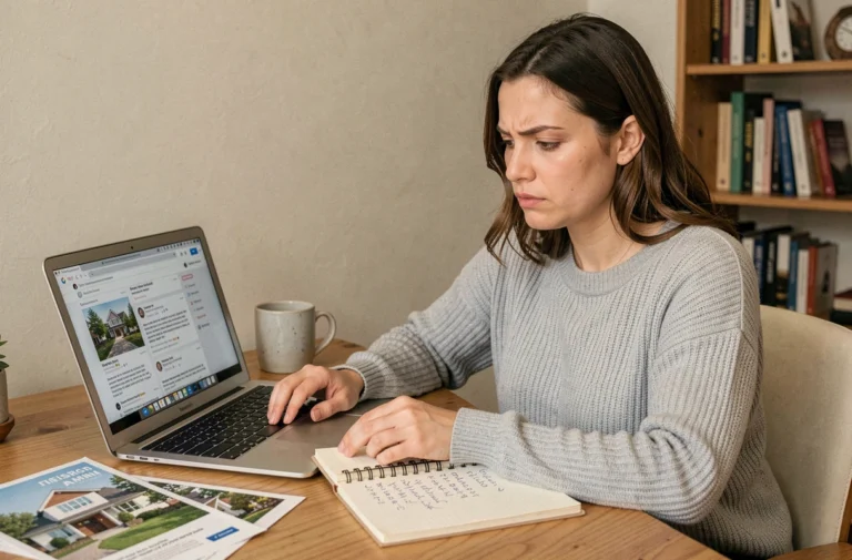 Femme consultant des avis en ligne sur un ordinateur portable pour vérifier la fiabilité d'une plateforme immobilière comme Zelok