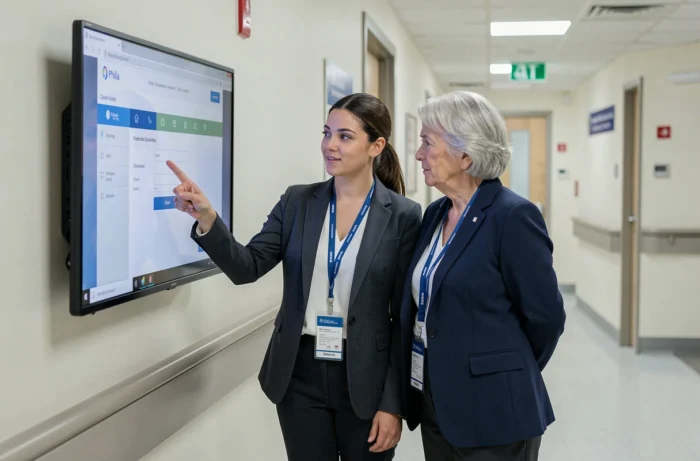 Formation de deux salariées ADMR devant un écran mural affichant l'interface de connexion au logiciel Philia dans un couloir d'établissement de soins