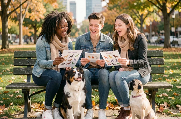 Grupo de amigos alegres comparando seus resultados de teste de personalidade para escolher um cachorro em um parque com um border collie e um pug