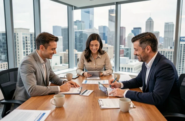 Groupe de professionnels en atelier de développement de compétences autour d'une table de conférence avec vue sur la ville