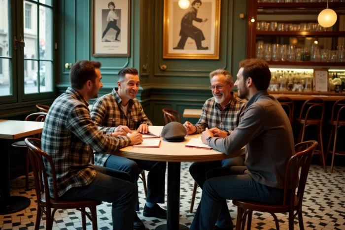 Groupe d'adultes attablés dans une brasserie française, un homme pose sa casquette sur ses genoux par respect des bonnes manières à table