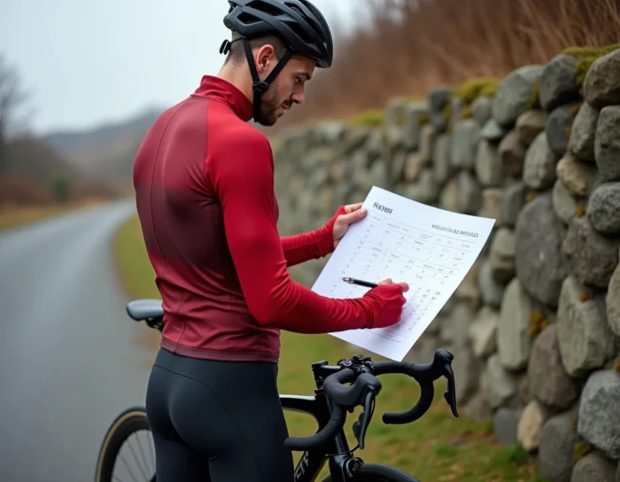 Cycliste consultant un guide de tailles pour son Van Rysel RCR en extérieur
