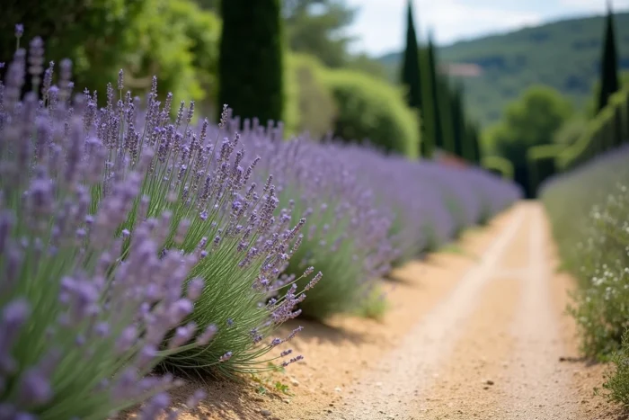 Haie de lavande en mauvais état le long d'un chemin de gravier provençal, avec des pieds secs et lignifiés contrastant avec des plants en pleine floraison