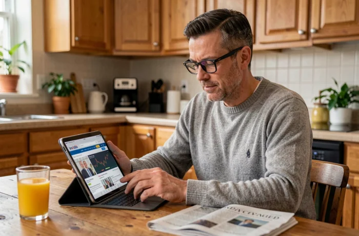 Homme lisant des actualités financières sur une tablette dans une cuisine chaleureuse