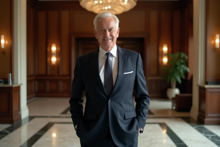 Homme d'affaires élégant en costume bleu marine dans le hall d'un hôtel de luxe, illustrant la fortune et le succès professionnel de Tony Scotti