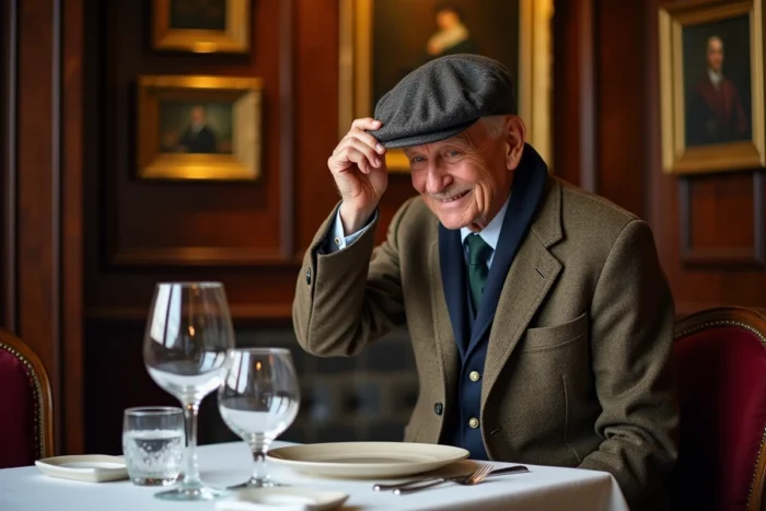 Homme âgé élégant retirant respectueusement sa casquette plate avant de s'asseoir dans un restaurant gastronomique, symbole des bonnes manières