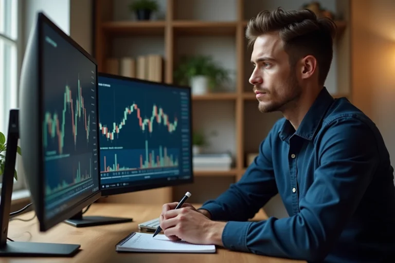 Homme analysant des graphiques boursiers sur un double écran dans un bureau moderne, prenant des notes sur un carnet