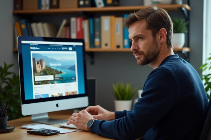 Homme analysant les promotions du mardi sur le site Leclerc Voyages depuis son bureau à domicile avec une calculatrice et des notes de prix