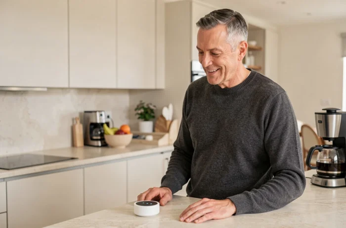 Um homem interage naturalmente com um assistente de voz inteligente em sua cozinha moderna, ilustrando o uso cotidiano da inteligência artificial