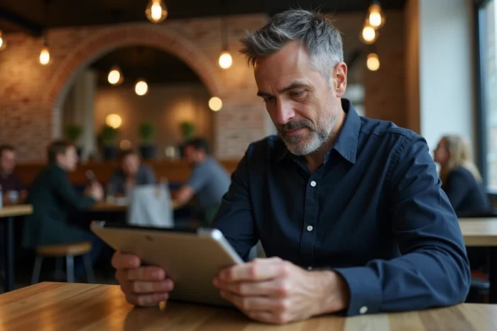 Homme consultant les rubriques d'un site web sur une tablette dans un café urbain