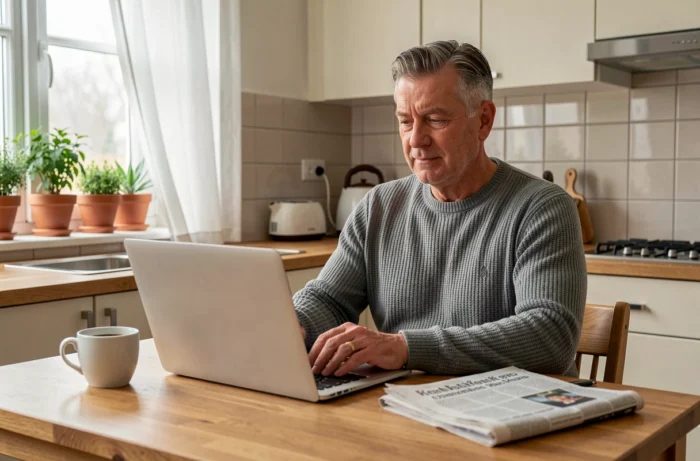 Homme d'âge mûr lisant les actualités santé sur un ordinateur portable dans une cuisine moderne