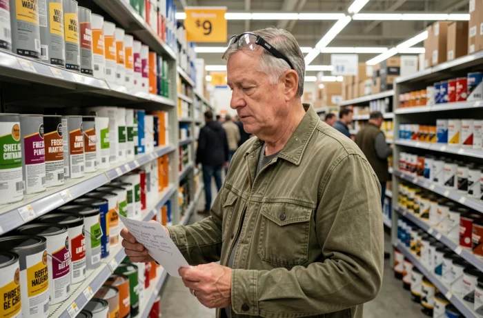 Un homme senior comparant des pots de peinture dans le rayon d'un magasin de bricolage