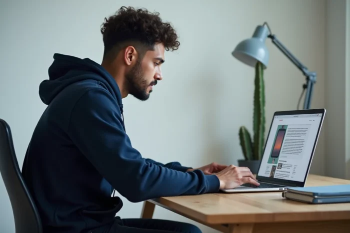 Homme consultant des magazines numériques gratuits sur ordinateur portable dans un bureau à domicile