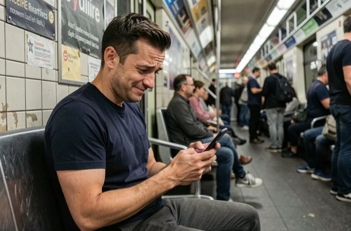 Homme consultant son smartphone dans le métro avec une expression intriguée face à un terme inconnu sur les réseaux sociaux