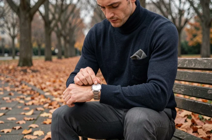 Homme élégant ajustant sa montre analogique dans un parc urbain en automne avec tenue sobre et accessoires classiques