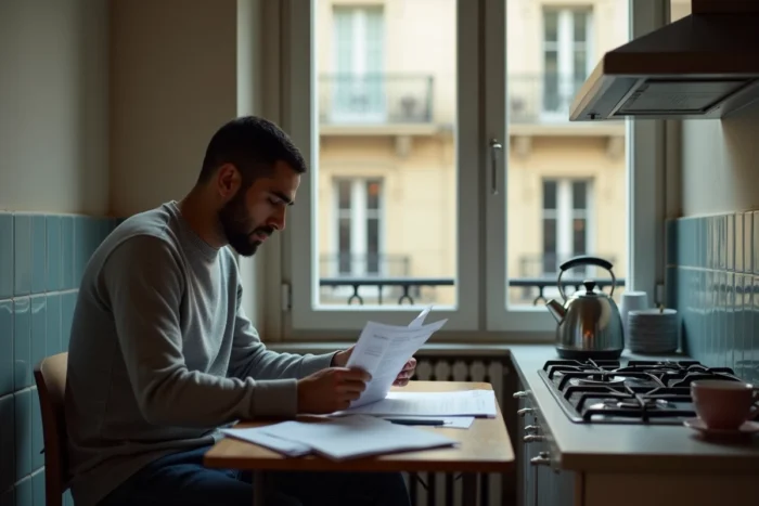 Homme lisant des documents administratifs liés à une OQTF dans un appartement parisien, démarches de régularisation par le mariage