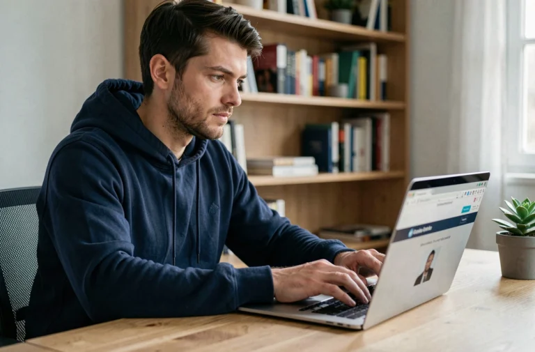 Homme tapant sur un ordinateur portable pour accéder à une nouvelle adresse de site de téléchargement en 2024