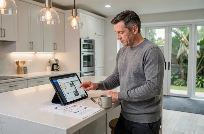 Homme consultant une plateforme immobilière en ligne sur une tablette dans une cuisine moderne
