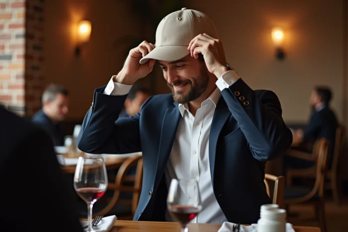 Homme retirant sa casquette en s'asseyant à une table de restaurant chic, geste de politesse et bonnes manières à table