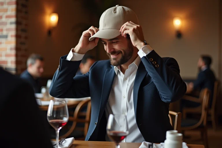 Homme retirant sa casquette en s'asseyant à une table de restaurant chic, geste de politesse et bonnes manières à table