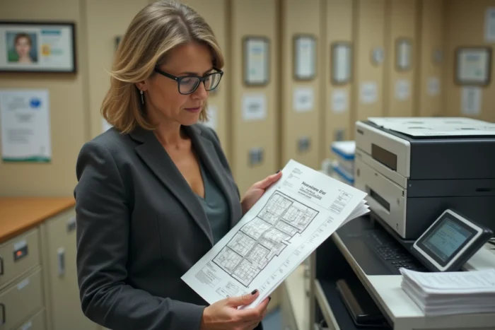 Agente administrative imprimant un document cadastral officiel dans un bureau de service foncier français