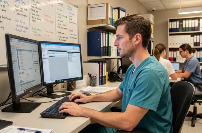 Infirmier travaillant sur un système de dossier médical électronique dans un bureau clinique, symbolisant l'innovation technologique en santé