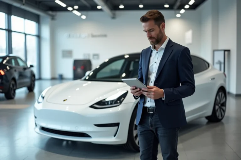 Ingénieur automobile analysant des données sur tablette devant une voiture électrique blanche dans un showroom moderne