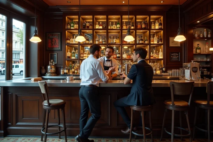 Intérieur d'un bar traditionnel français avec comptoir en zinc, tireuses à bière et clients discutant avec le barman