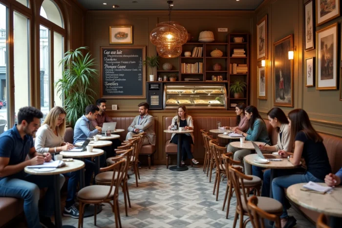 Vue large de l'intérieur d'un café français chaleureux avec tables en marbre, clients attablés et menu du jour sur ardoise