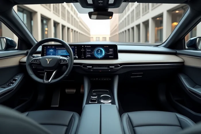 Intérieur technologique d'un véhicule hybride 2024 avec tableau de bord OLED incurvé, sièges en cuir premium et console centrale minimaliste