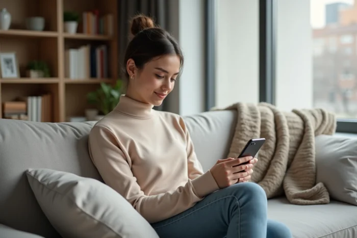Jeune femme naviguant sur un site web depuis son smartphone dans un salon moderne