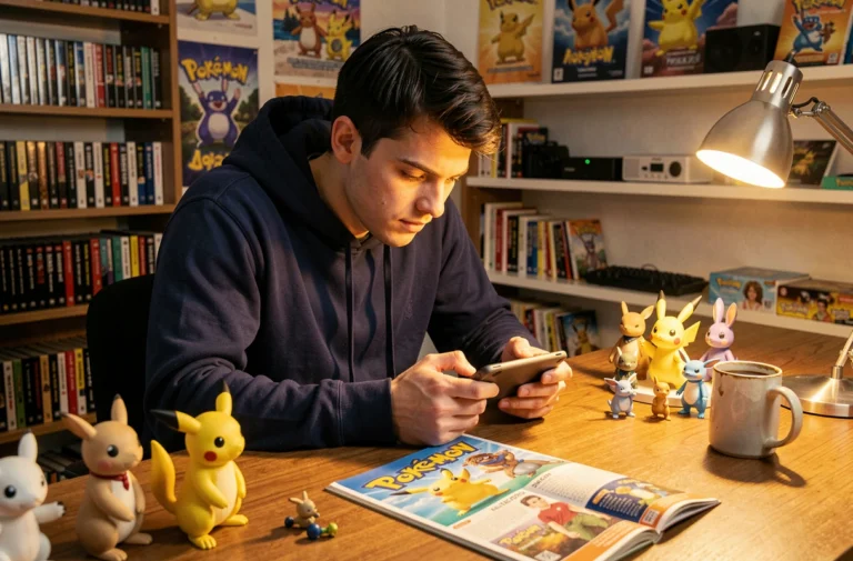 Joueur adulte concentré sur une rom hack Pokémon Nuzlocke en français sur console portable, entouré de figurines et guides de jeu