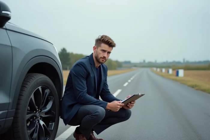 Journaliste automobile masculin prenant des notes à côté d'un SUV lors d'un essai sur circuit extérieur