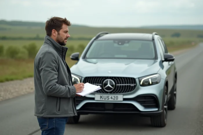 Journaliste automobile masculin évaluant un SUV argent sur une piste d'essai en plein air entourée de paysage verdoyant