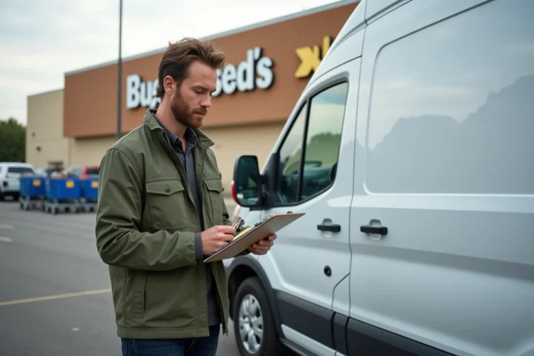 Homme tenant des clés de camionnette de location devant un magasin de meubles pour transporter ses achats