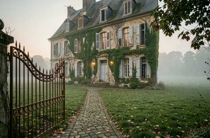 Manoir abandonné en Normandie enveloppé de brume au crépuscule, grille en fer forgé et façade en pierre couverte de lierre, atmosphère de maison hantée en France