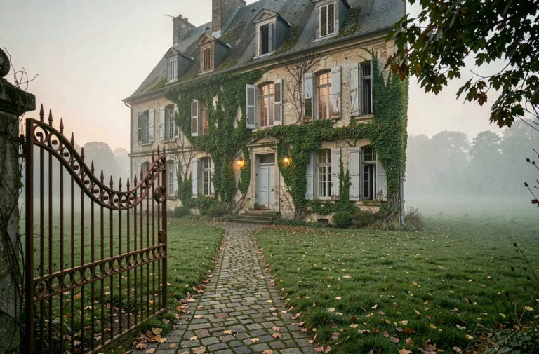 Manoir abandonné en Normandie enveloppé de brume au crépuscule, grille en fer forgé et façade en pierre couverte de lierre, atmosphère de maison hantée en France