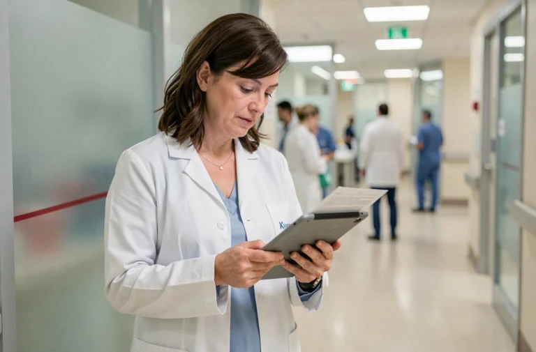 Médecin femme consultant des informations médicales sur une tablette dans un couloir d'hôpital moderne