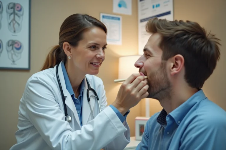 Médecin examinant la gorge d'un patient pour diagnostiquer une angine rouge ou blanche
