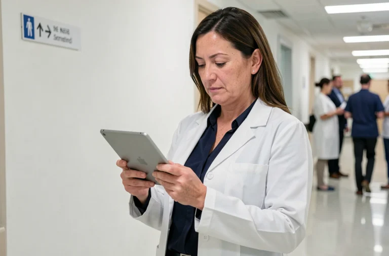 Médecin femme consultant une tablette numérique dans un couloir d'hôpital moderne, illustrant les solutions digitales pour professionnels de santé