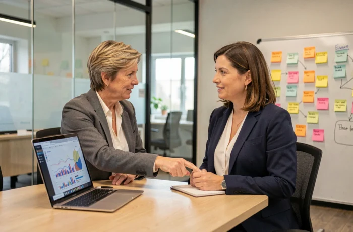 Deux femmes entrepreneures en séance de mentorat autour d'un ordinateur portable dans une salle de réunion moderne