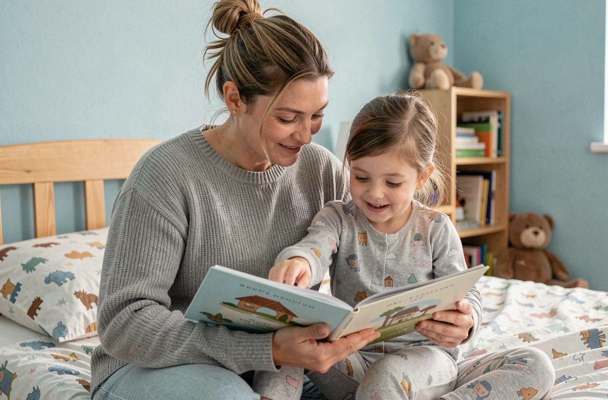 Mère et fille lisant ensemble un livre illustré dans une chambre d'enfant apaisante, symbolisant l'accompagnement parental bienveillant pour l'épanouissement quotidien de l'enfant