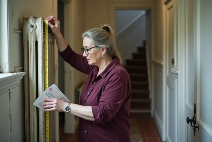 Femme mesurant un vieux radiateur fonte dans un couloir de maison ancienne pour calculer sa puissance thermique