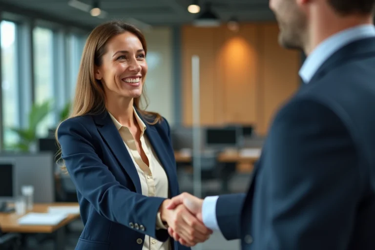 Deux professionnels échangeant une poignée de main dans un bureau moderne, illustrant une mise en relation professionnelle réussie