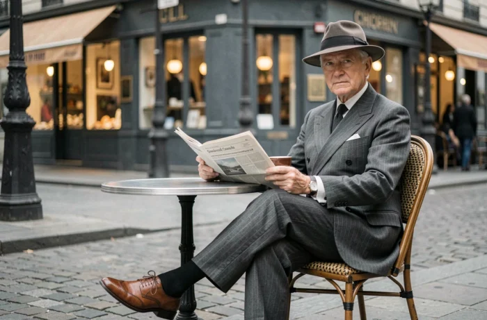 Homem elegante em terno risca de giz dos anos 1930, chapéu fedora e sapatos bicolores em um café parisiense vintage