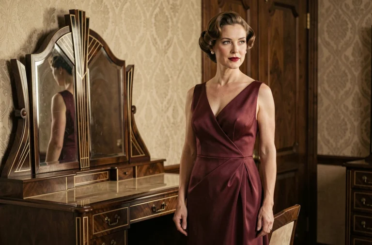 Femme en robe de soirée en soie des années 1930 devant un miroir Art Déco, coiffure Marcel waves et tenue élégante d'époque