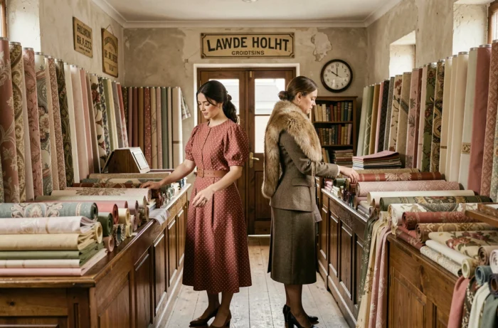Duas mulheres em roupas de dia dos anos 1930, vestidos e tailleurs da época, em uma loja de tecidos vintage com tecidos e balcões de madeira
