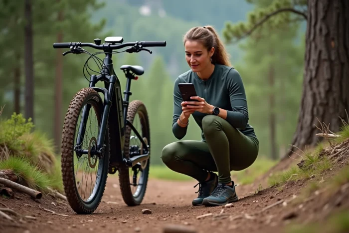 Cycliste diagnostiquant une panne d'affichage sur son VTT électrique Rockrider E-ST 100 sur un sentier forestier