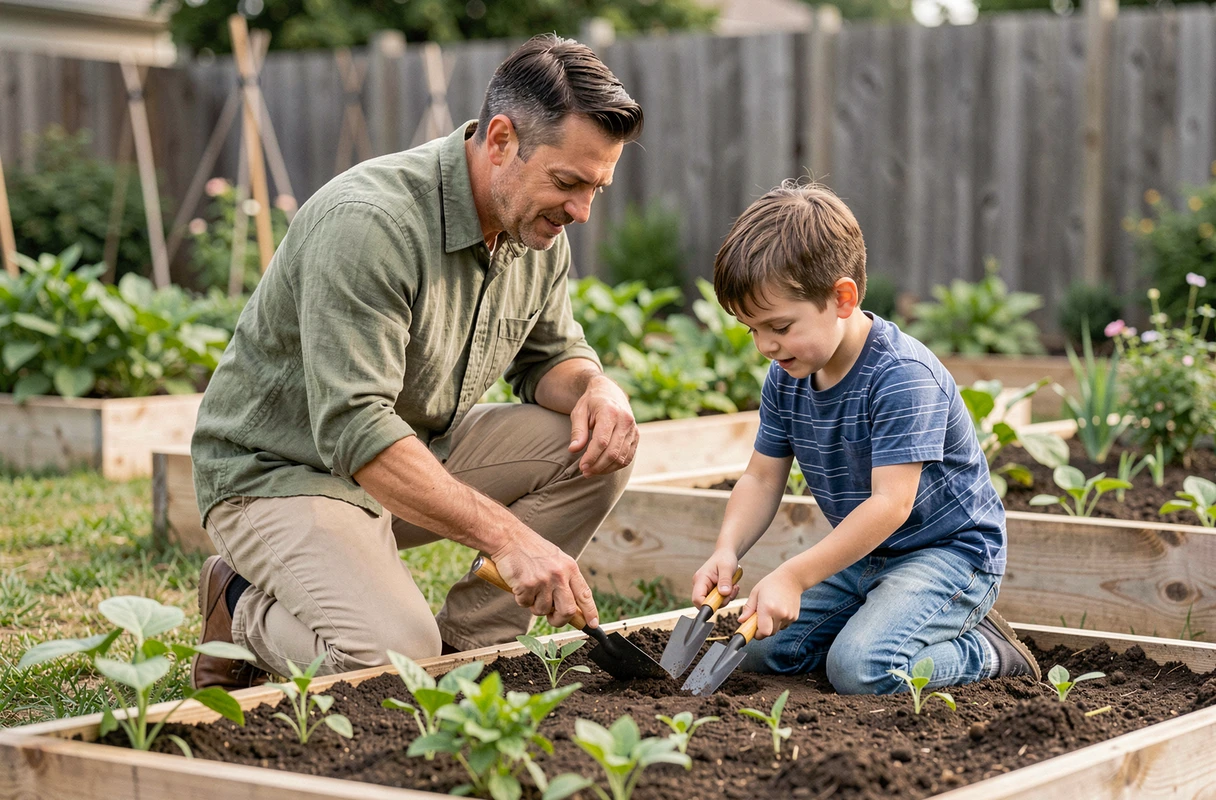 Père et fils qui jardinent ensemble dans un potager familial, illustrant l'importance de partager des activités éducatives et épanouissantes avec son enfant